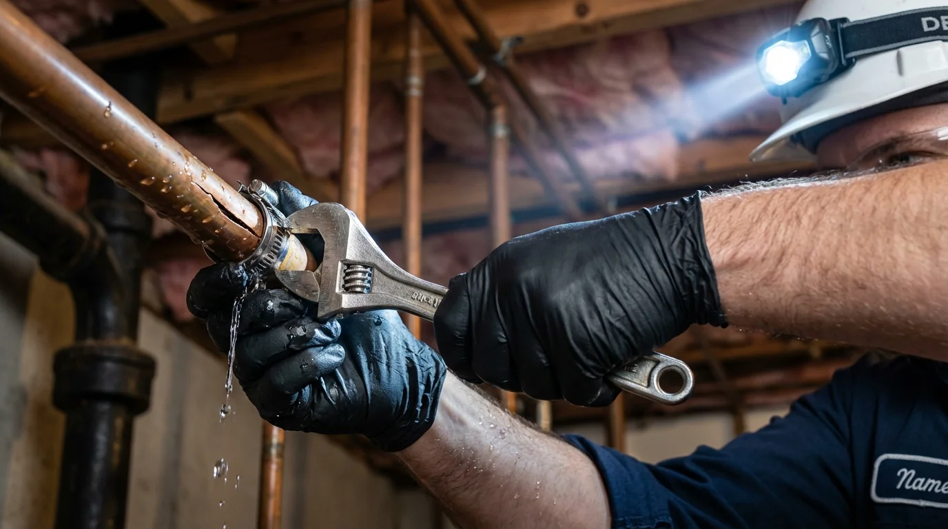 Emergency pipe clamp repair being performed by a Johns Plumbing LLC plumber in Warsaw