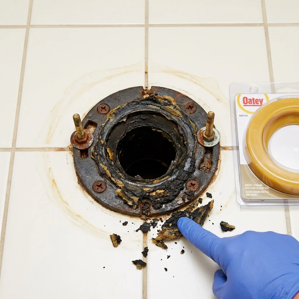 Failed wax ring showing water seepage at the base of a toilet in a Warsaw, NY home