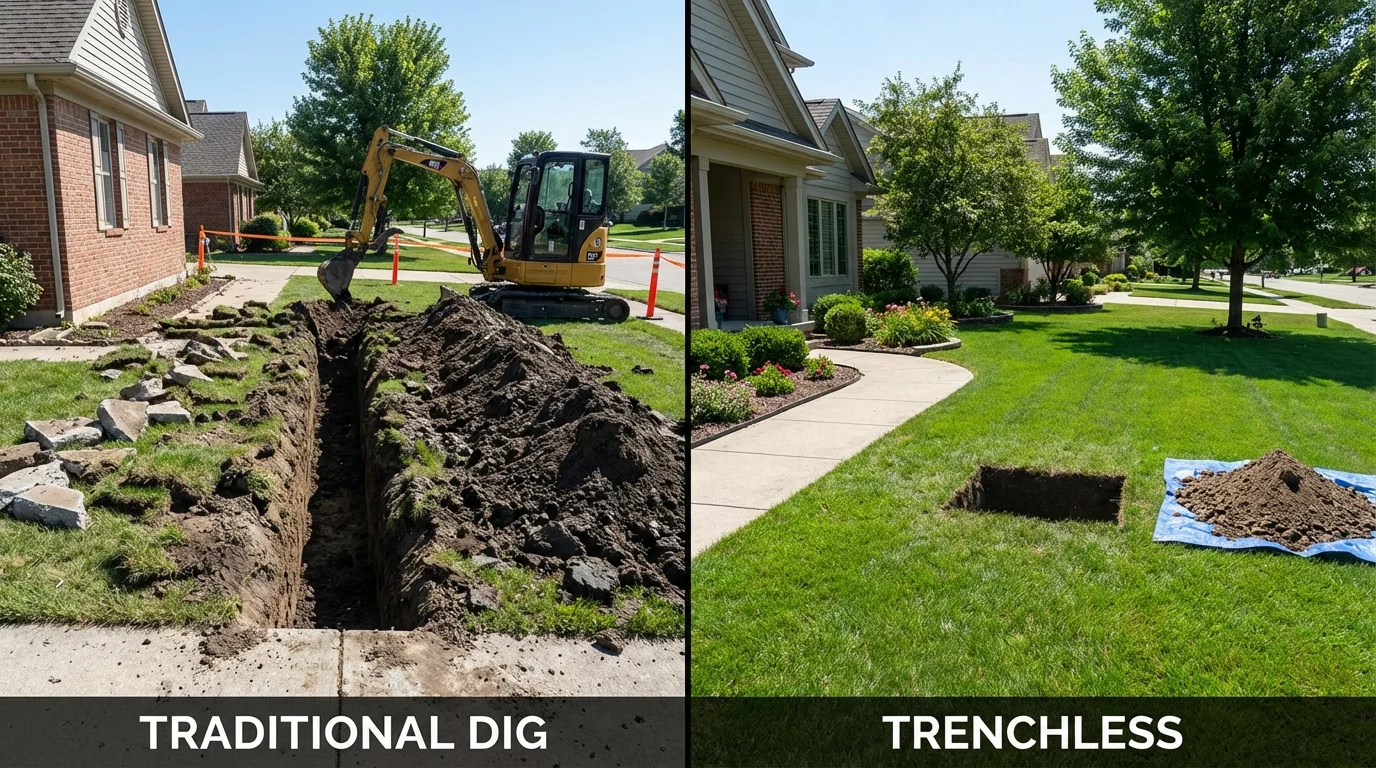 Trenchless sewer repair with minimal yard damage versus traditional excavation in Warsaw, NY