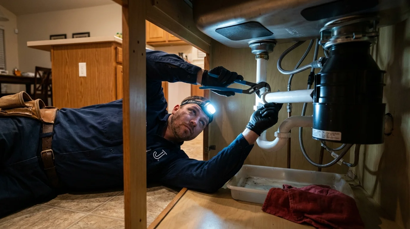 P-trap and supply line connections under a kitchen sink showing a common leak point in Warsaw, NY